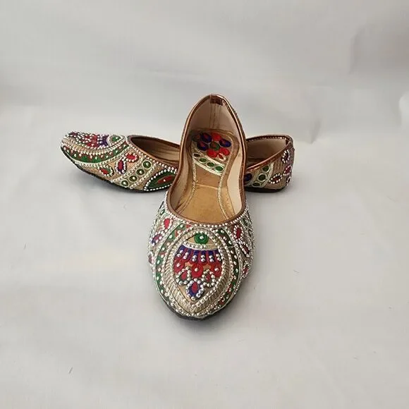 Step N Style Ladies Traditional Punjabi Gold Flat Indian Leather Embroidered .. - Picture 2 of 5